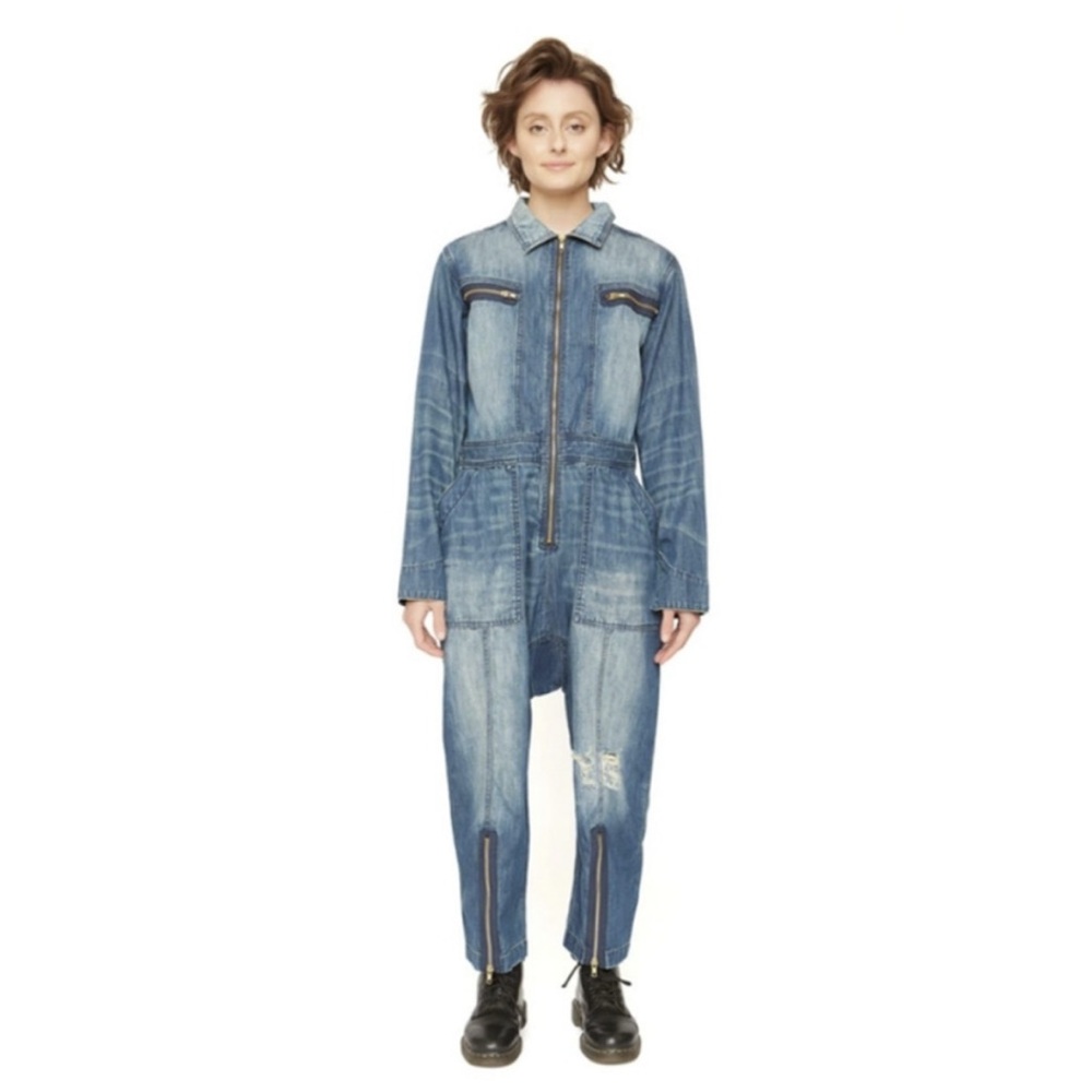 SANDRINE ROSE X FREE PEOPLE Gold Zip Jumpsuit Size M Denim Blue Jean MEDIUM